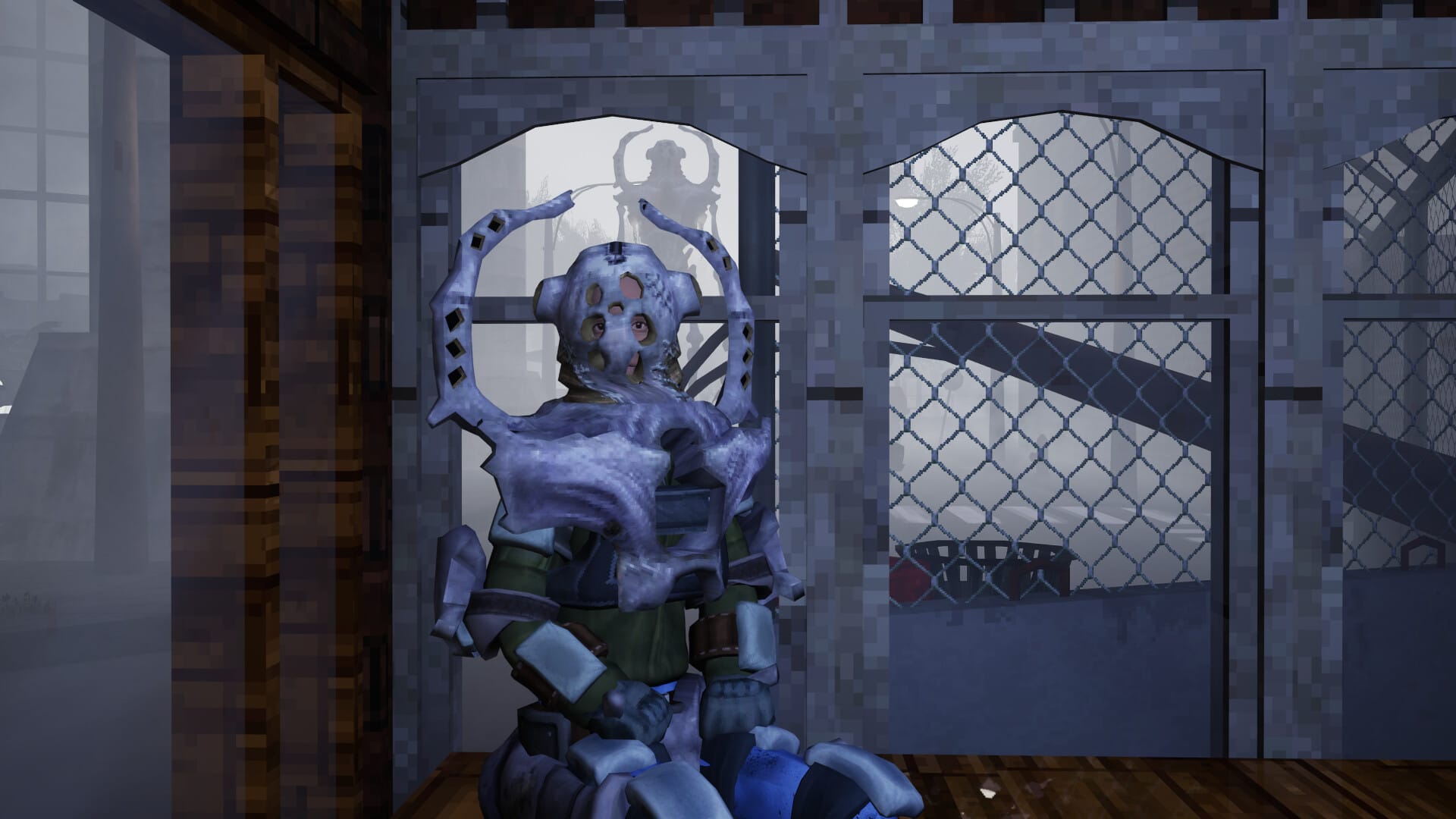 A scientist wearing a strange, spiked, alien suit, with the similarly-shaped real alien behind him in the fog.