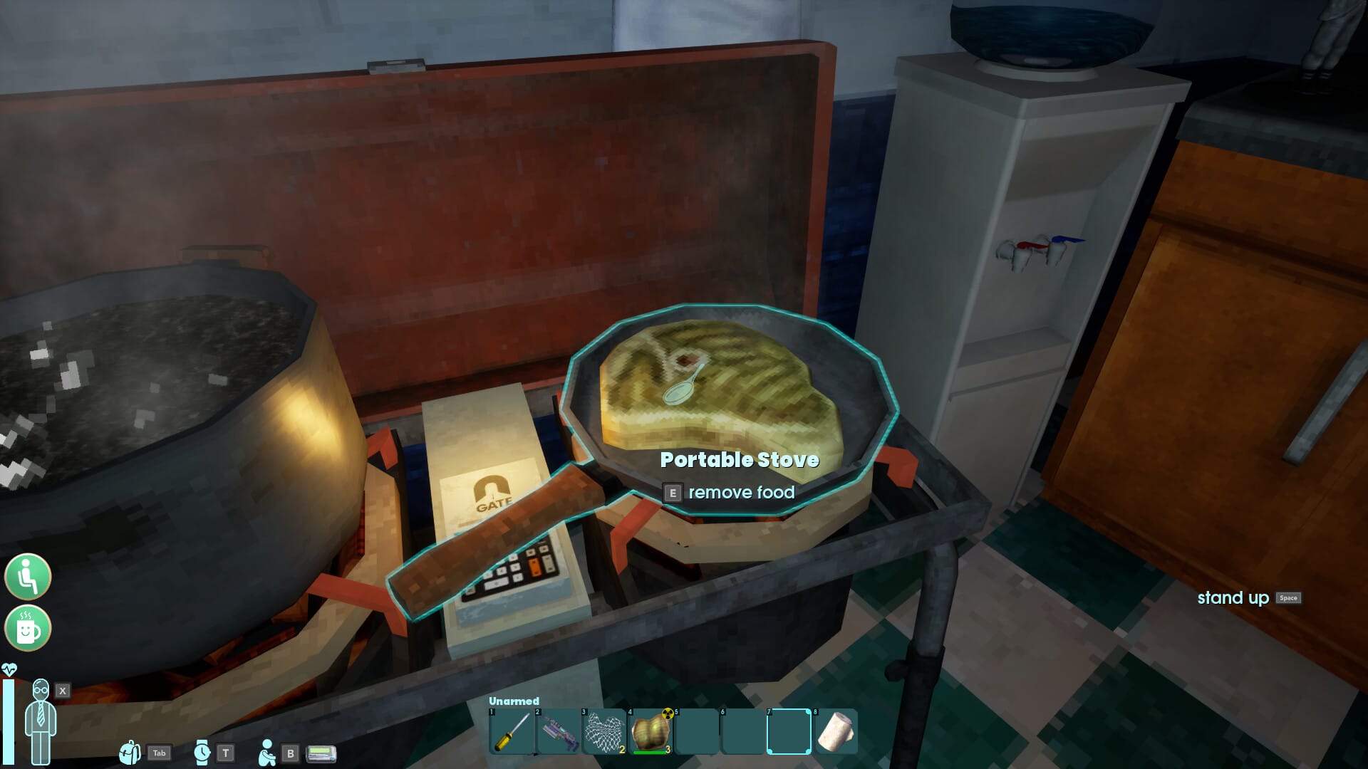 An alien steak on a frying pan on a rickety stove.
