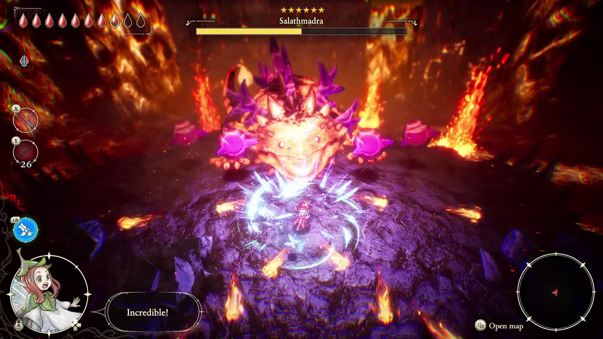 Some sort of spiked, flame-turtle is struck by Elliot in a lava arena.