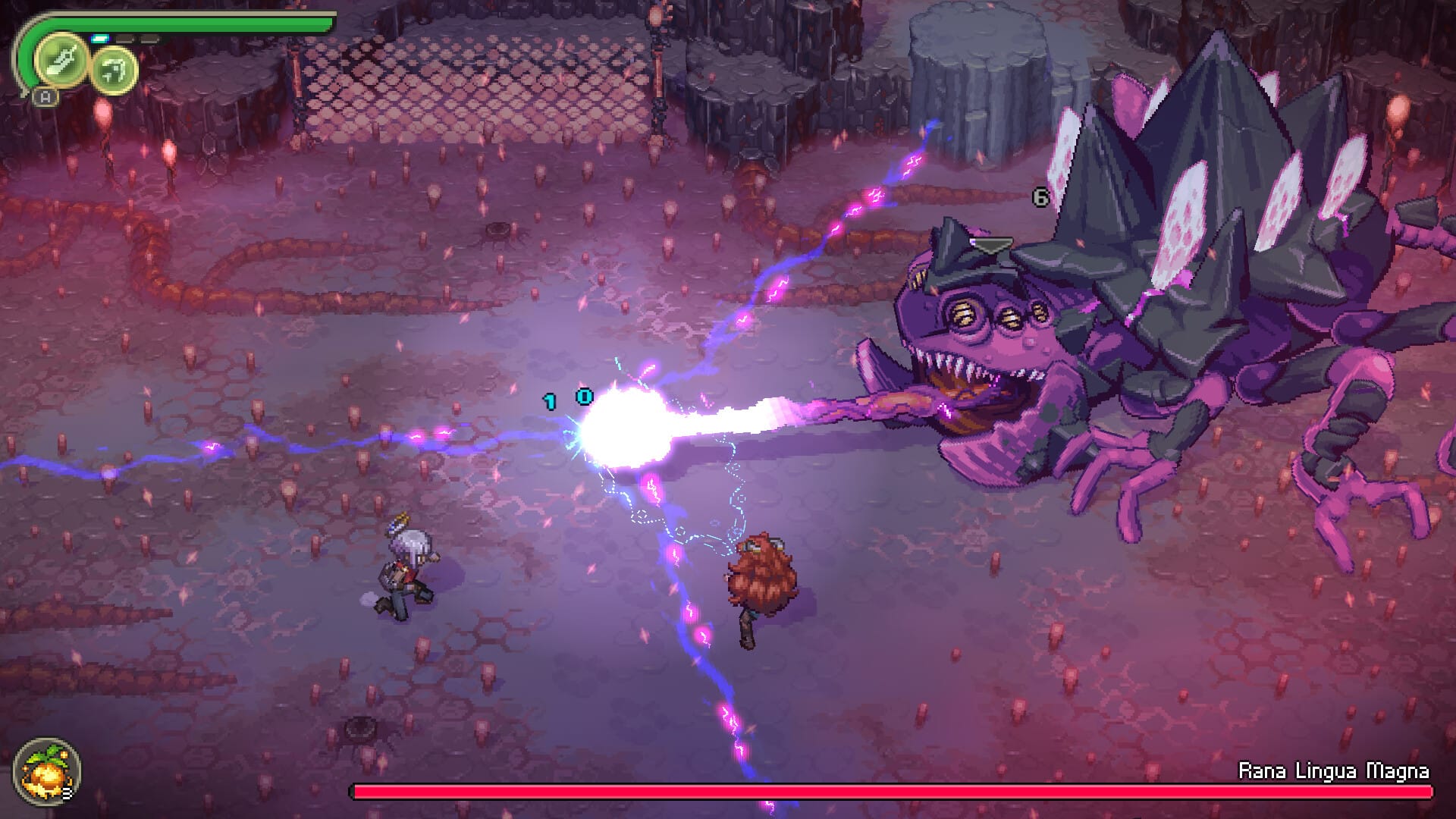 A huge purple lizard with a shell and crystal back blasters a laser from its tongue.