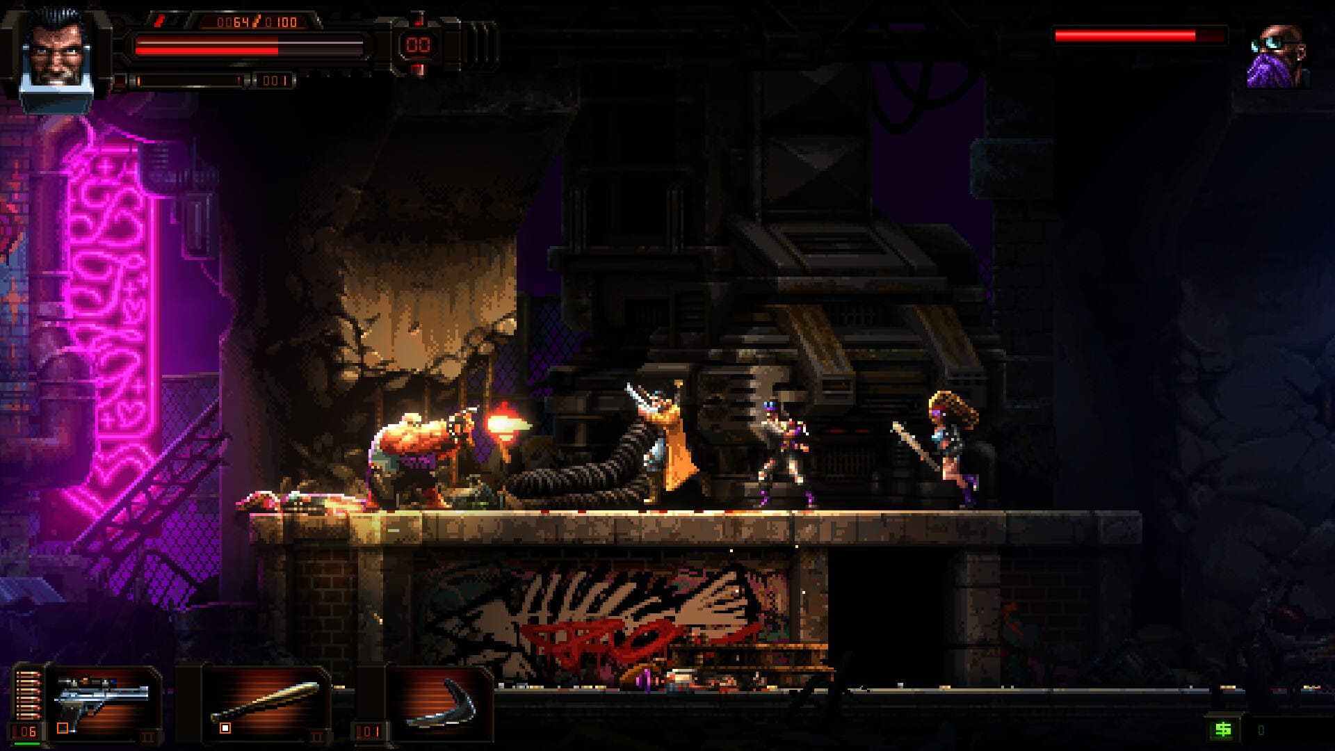 A large man crouches and shoots as a man in a long coat runs, holding two guns. Everything is pixel art.