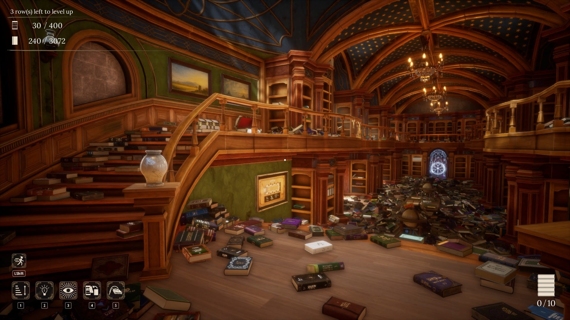 A library is in a messy state, with books everywhere, but a warm glowing atmosphere.