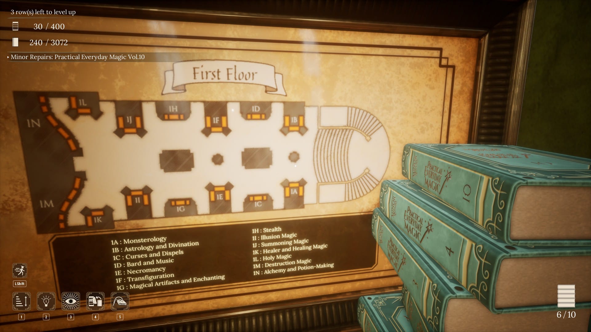 The player consults a map of the library while holding a stack of green books.
