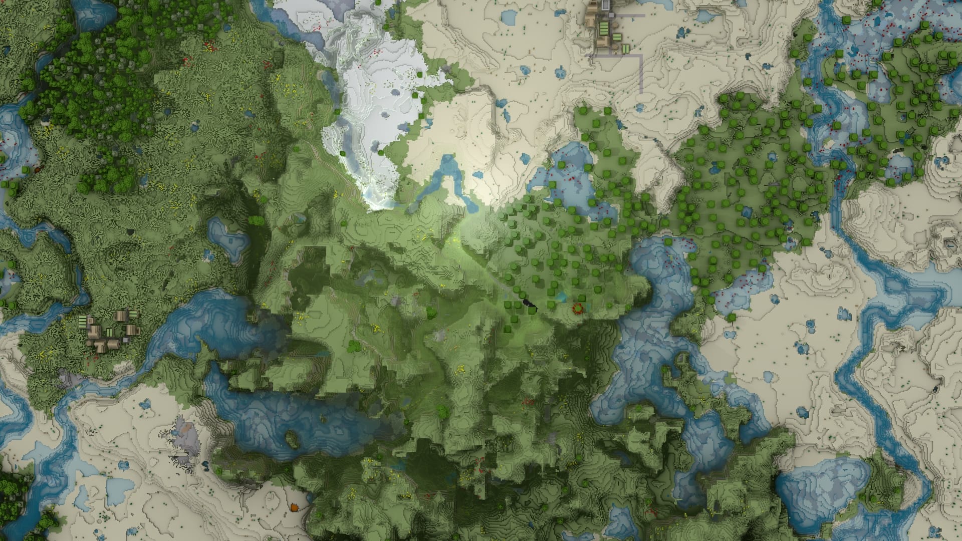 A Minecraft world, viewed from above, but rendered in external 3D software.