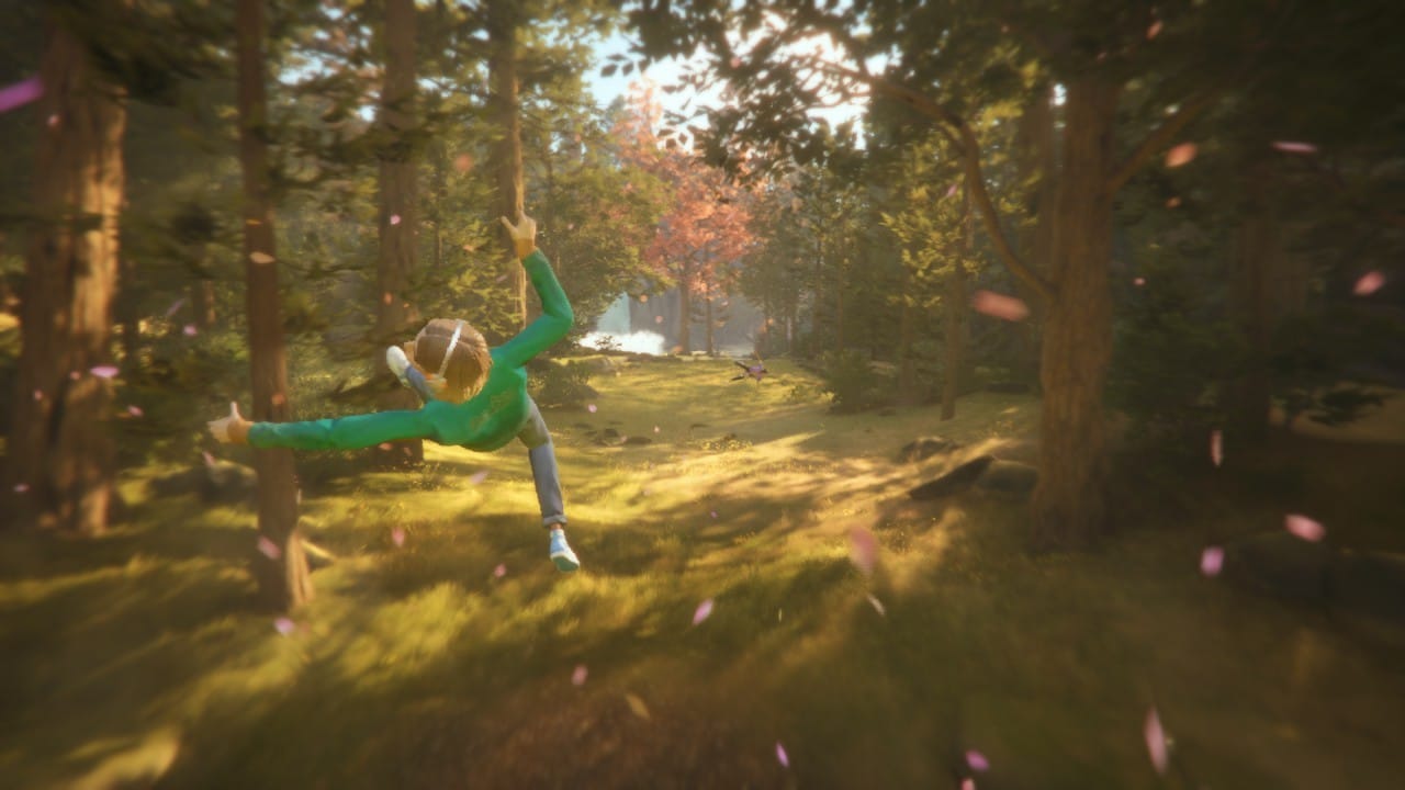 Stacey floats through the air, surrounded by petals, over a green field and among trees.