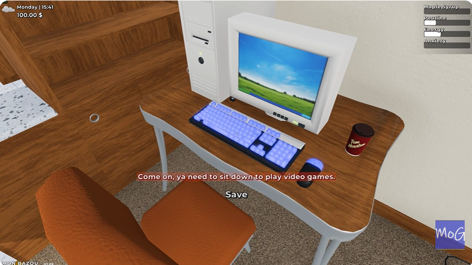 Screenshot showing the player looking at a Windows XP desktop PC, with on-screen text saying "Come on, ya need to sit down to play video games" and the option to Save.