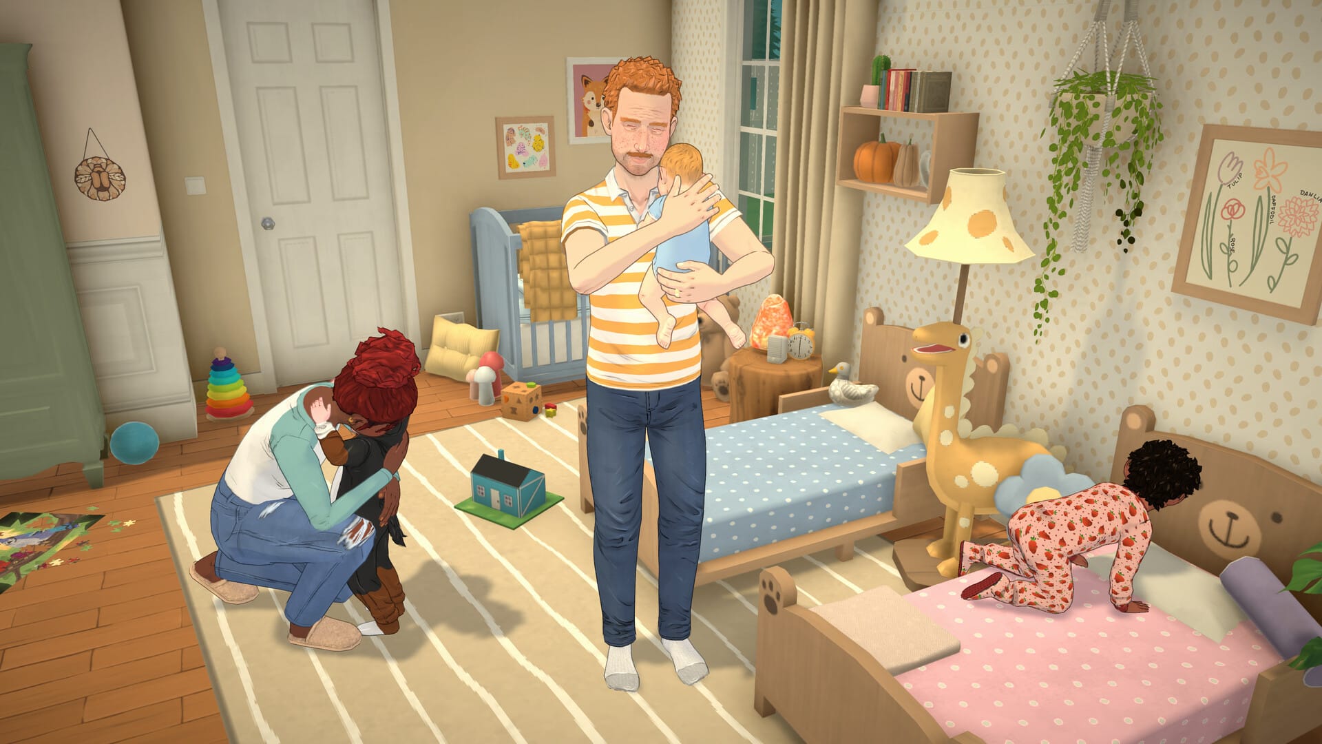 A man cuddles a baby, in a children's bedroom, while another kid crawls on their bed and a third is cuddled by a woman.