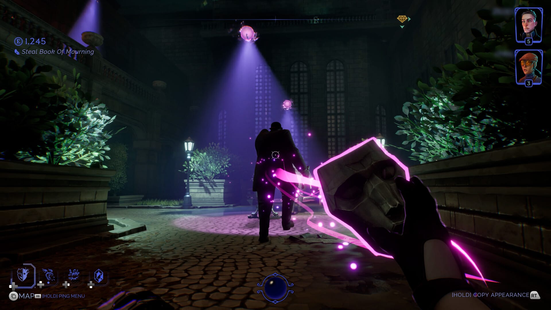 A mask, held in the player's hand, saps purple energy from a guard with his back turned.