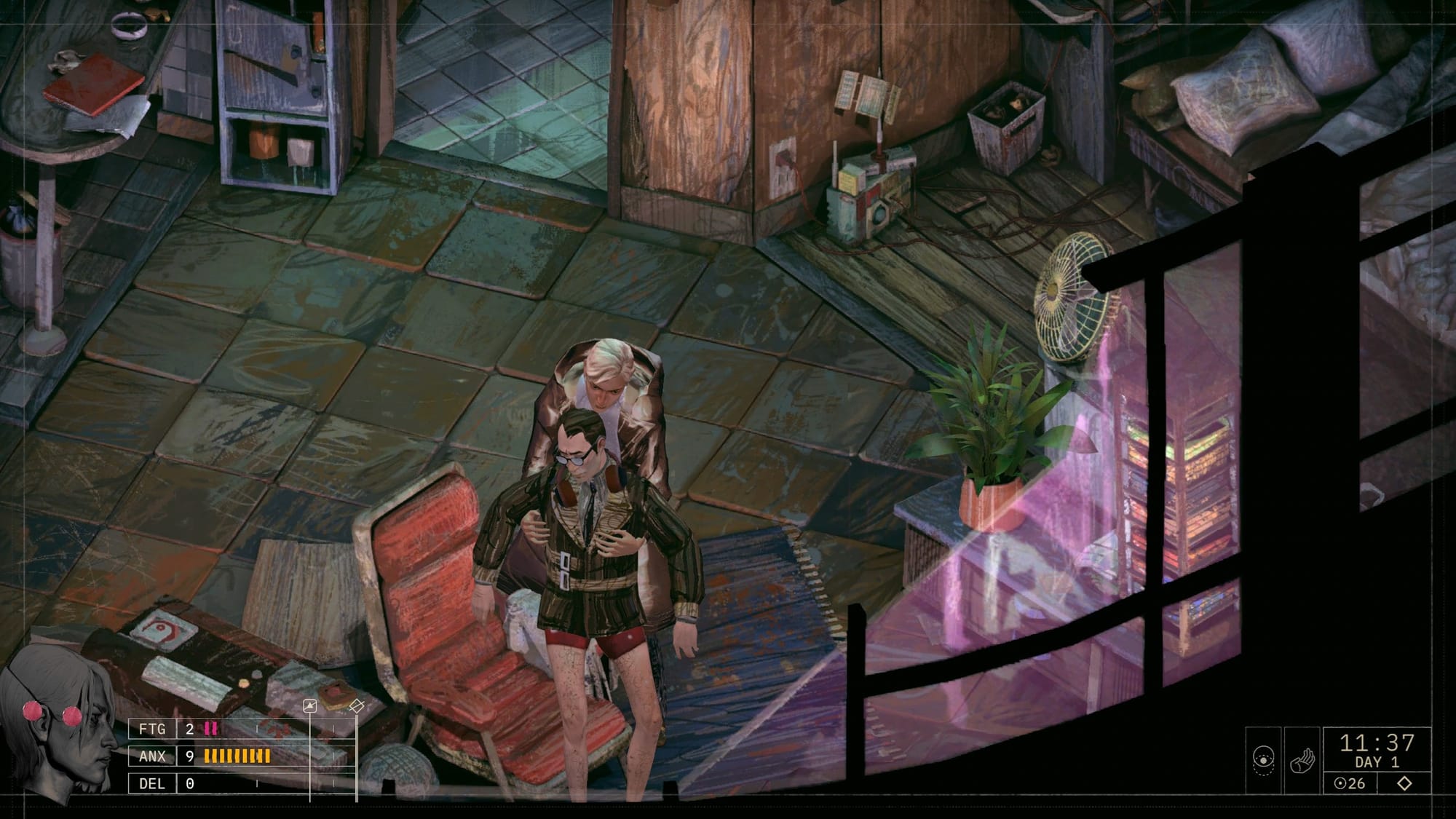 A woman hooks a man under the arms and pulls him to our out of a chair in a small apartment. The man appears dead. 