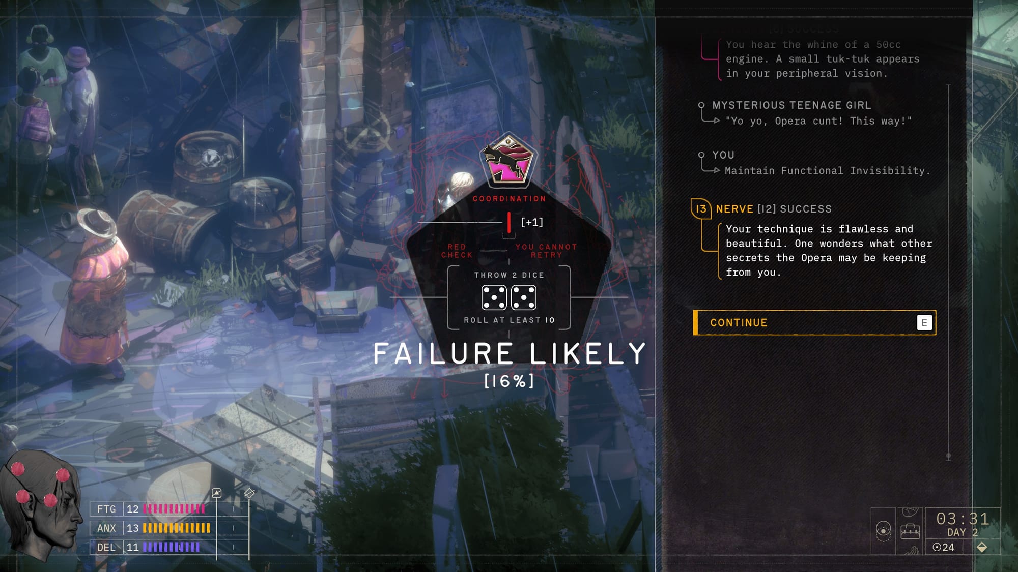A screen showing a required dice roll. "Failure Likely: 16%" reads the biggest text on screen.