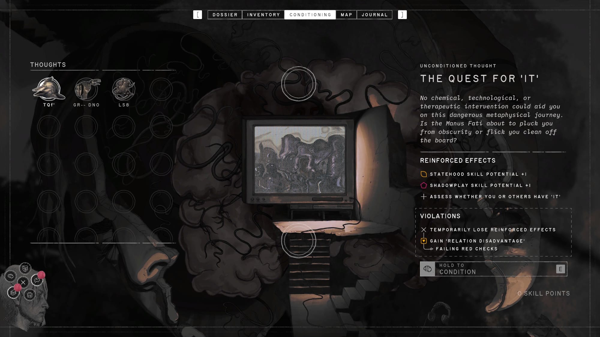 A UI for the character's conditions. Some descriptive text reads, "No chemical, technological, or therapeutic intervention could aid you on this dangerous metaphysical journey."