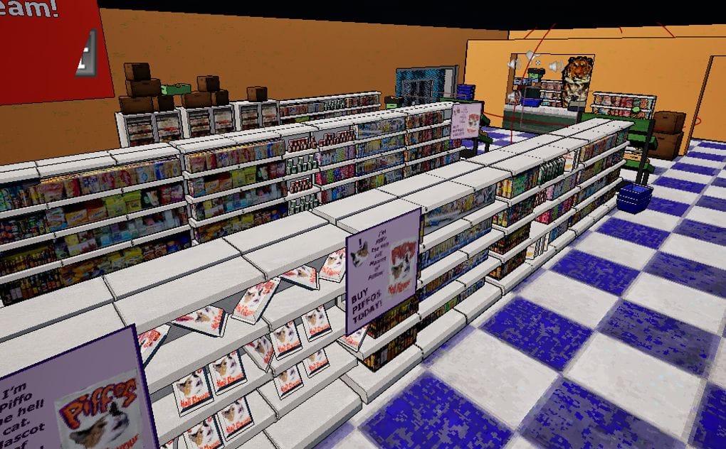 The bodega's shelves lined with low poly products.