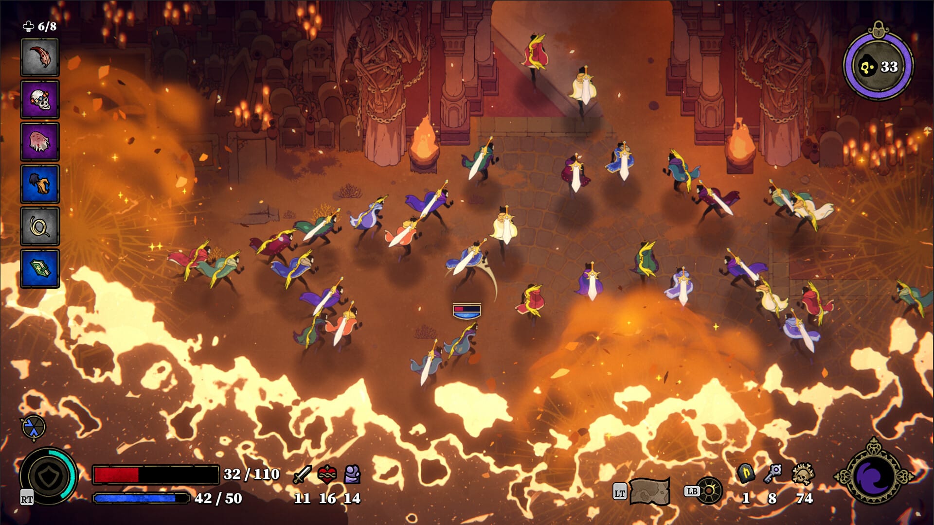 A lot of guys with swords run away from a flame-coloured ocean and through a passageway.