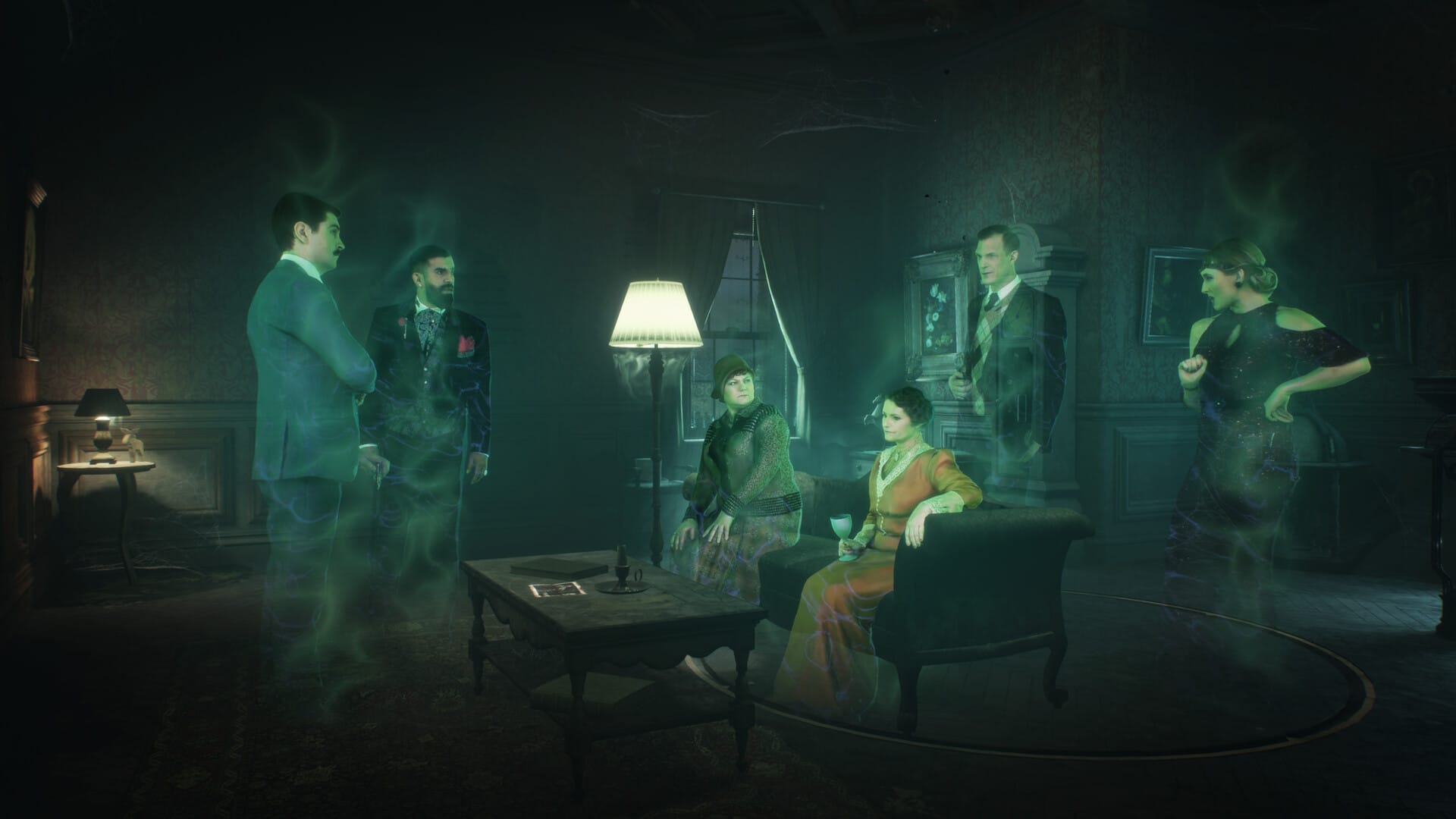 A group of ghostly figures in fancy old fashioned clothes sit around a drawing room.