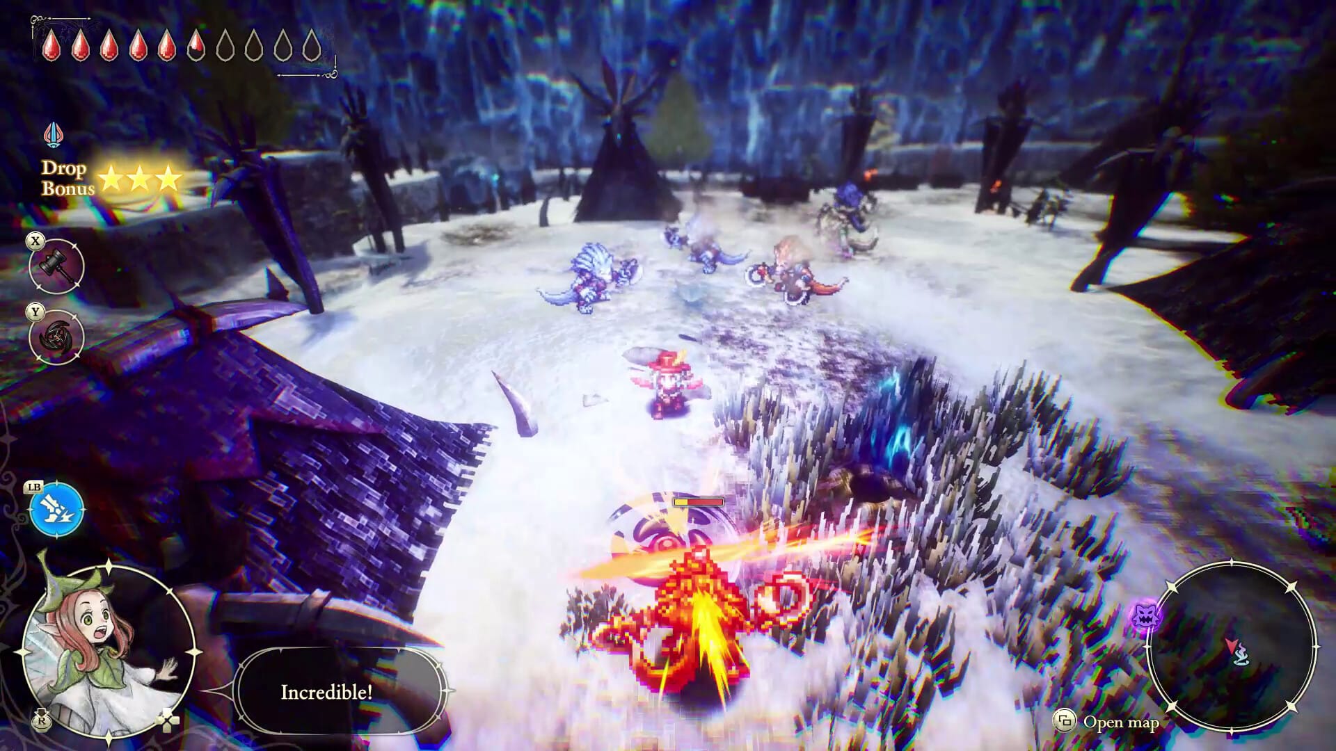 Elliot fights against fire and ice enemies in a snowy field dotted with tents.