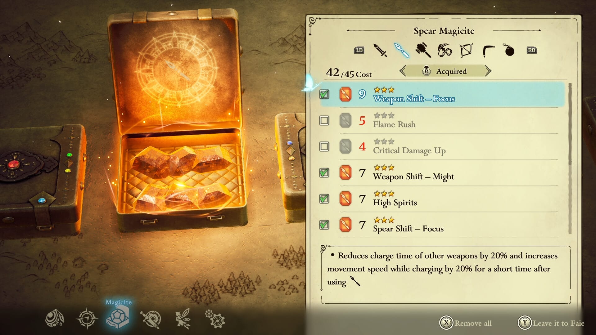 A list of menu items under the heading "Spear Magicite". The menu items are upgrades to the weapon called things like "High Spirits".