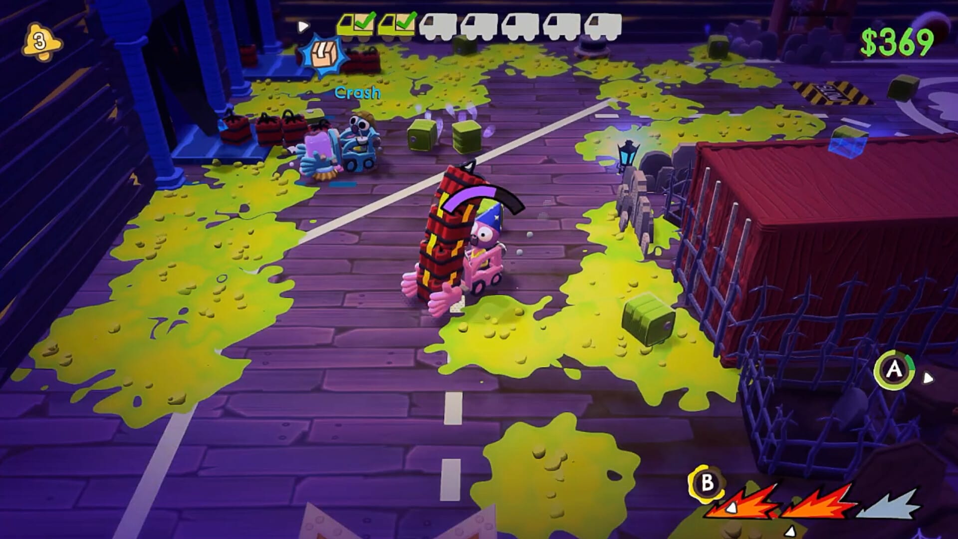 Characters, that look like the guys from Peak, drive trucks around a warehouse covered in paint or slime.