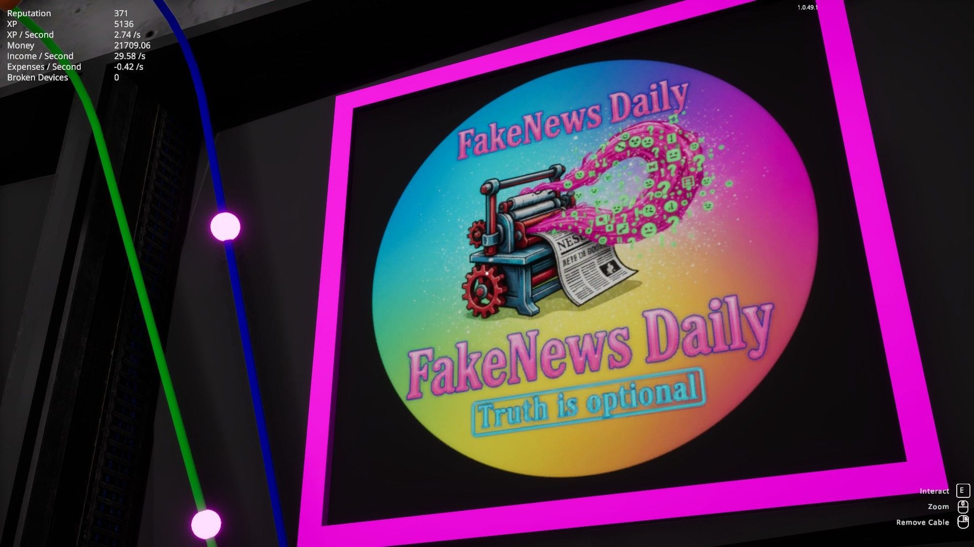 A logo for FakeNews Daily which shows an inaccurately drawn printing press with a newspaper spilling out alongside a cloud of pink matter. The words on the newspaper are unreadable nonsense glyphs.