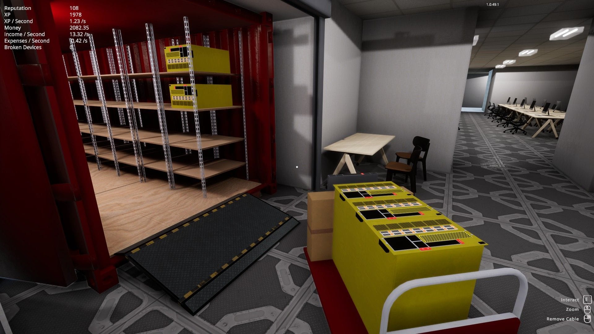 The player looks on at the trolley full of servers in front of a shipping container. 