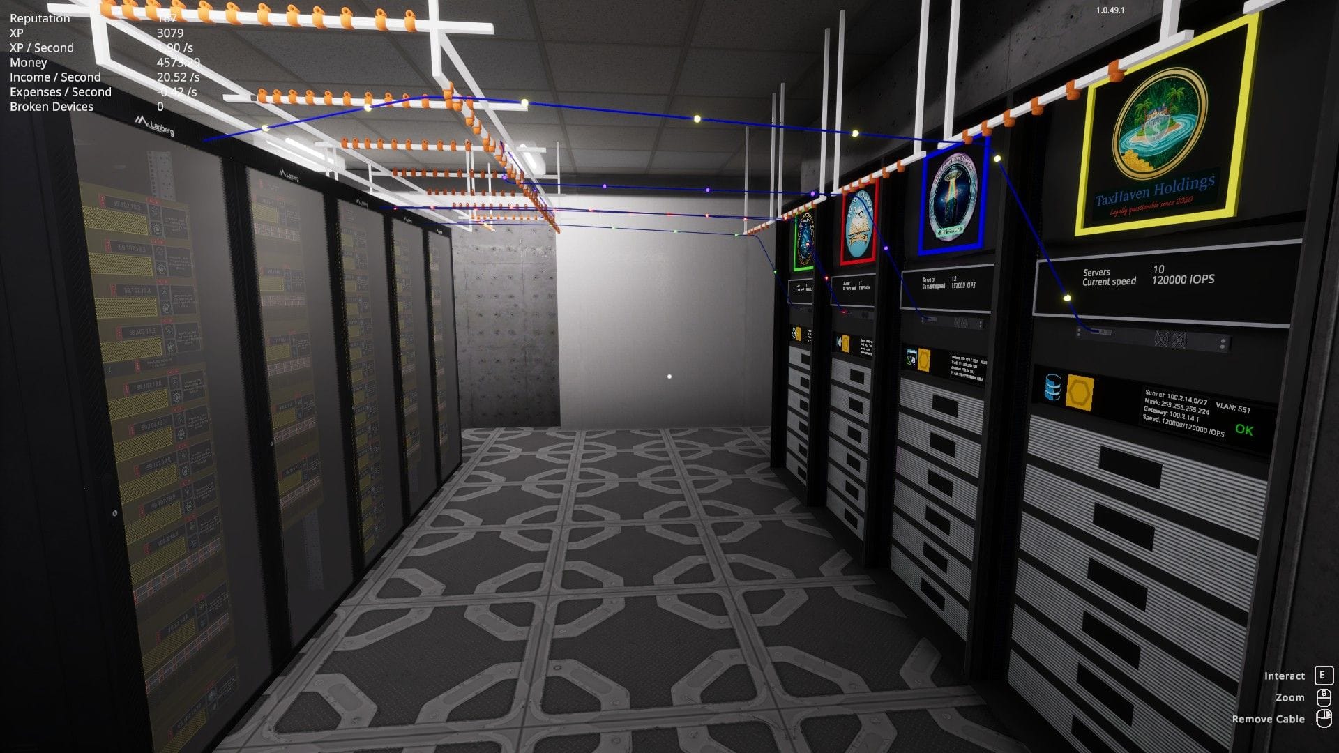 Servers stand in a grey box room facing data points with wires trailed between them.