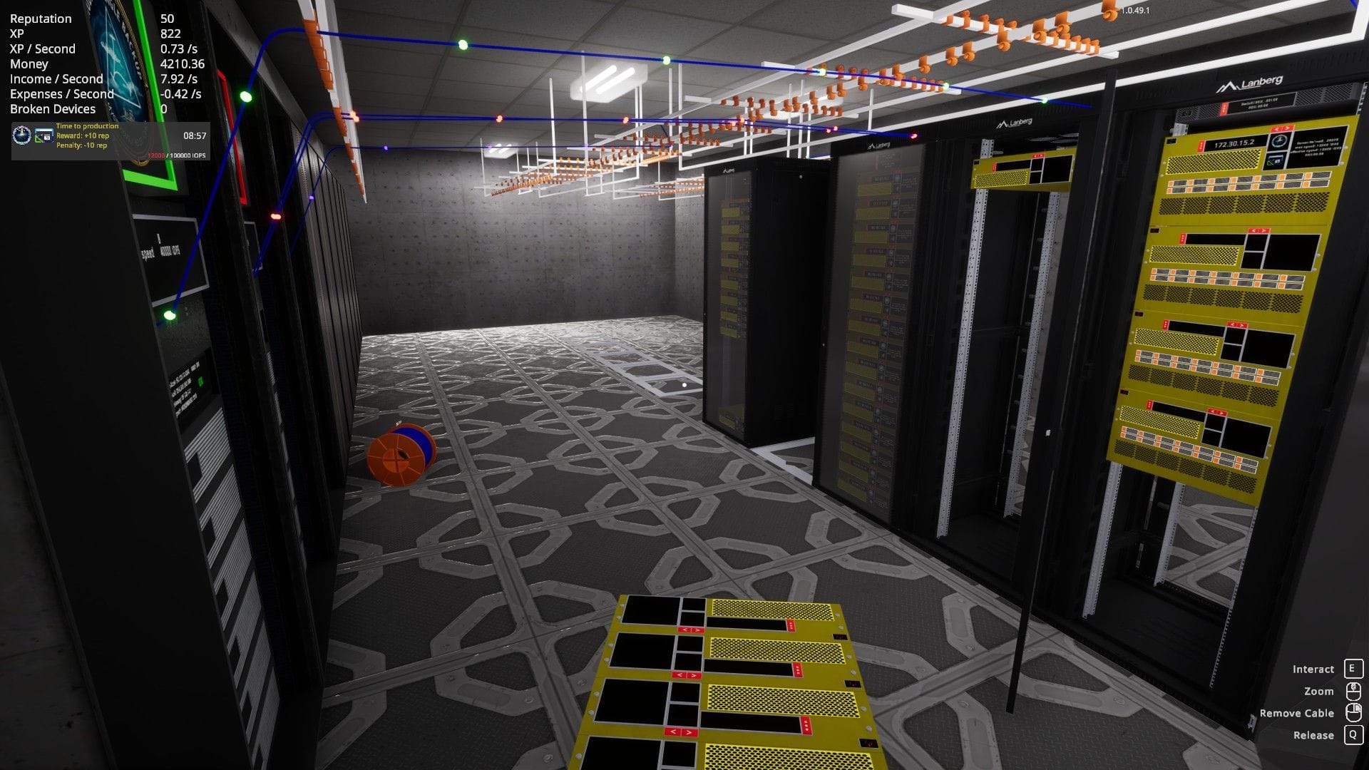 The player brings a trolley full of servers to rack up.