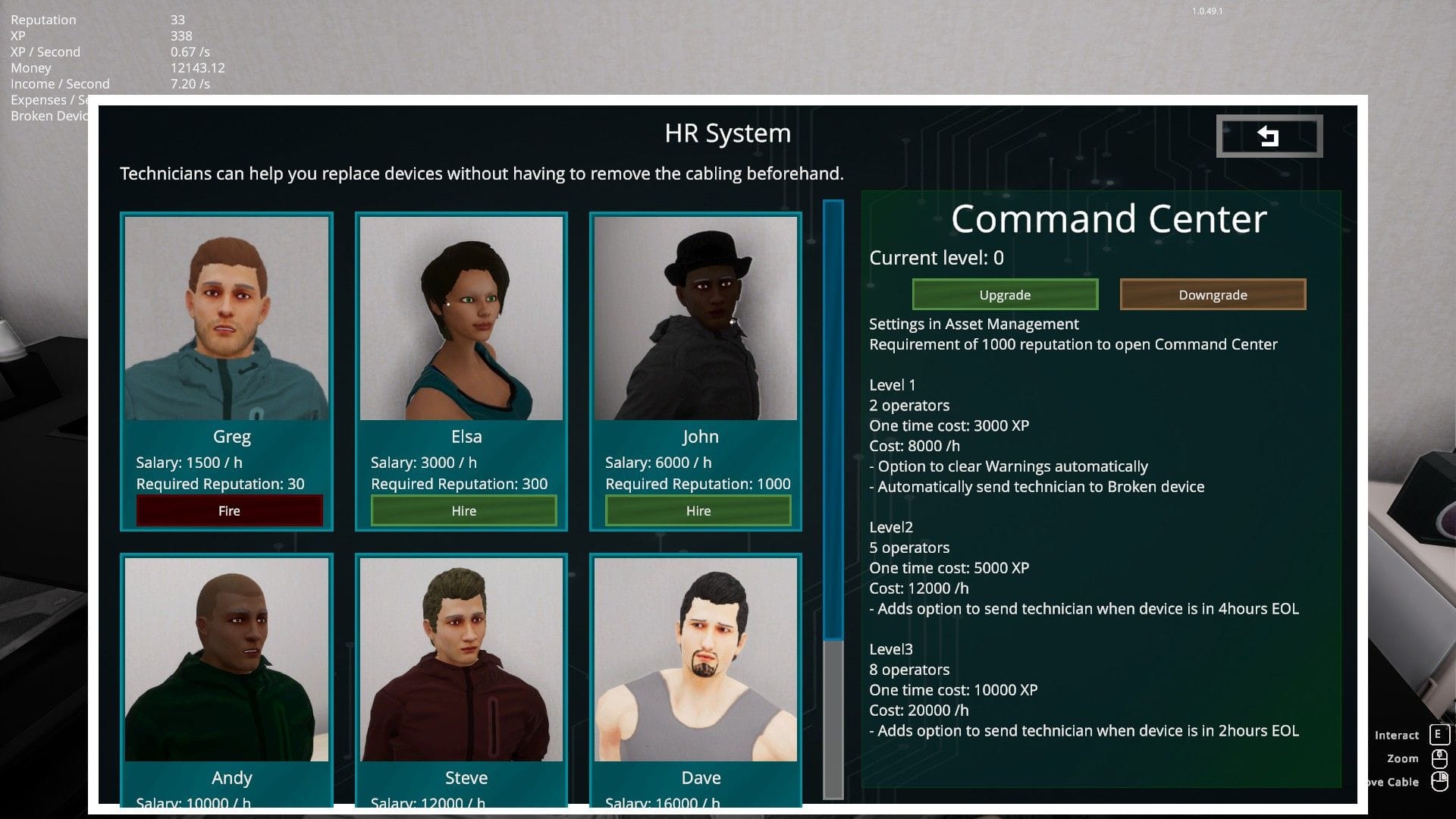A grid of workers for the player to select with names like John, Steve, Andy and Elsa.