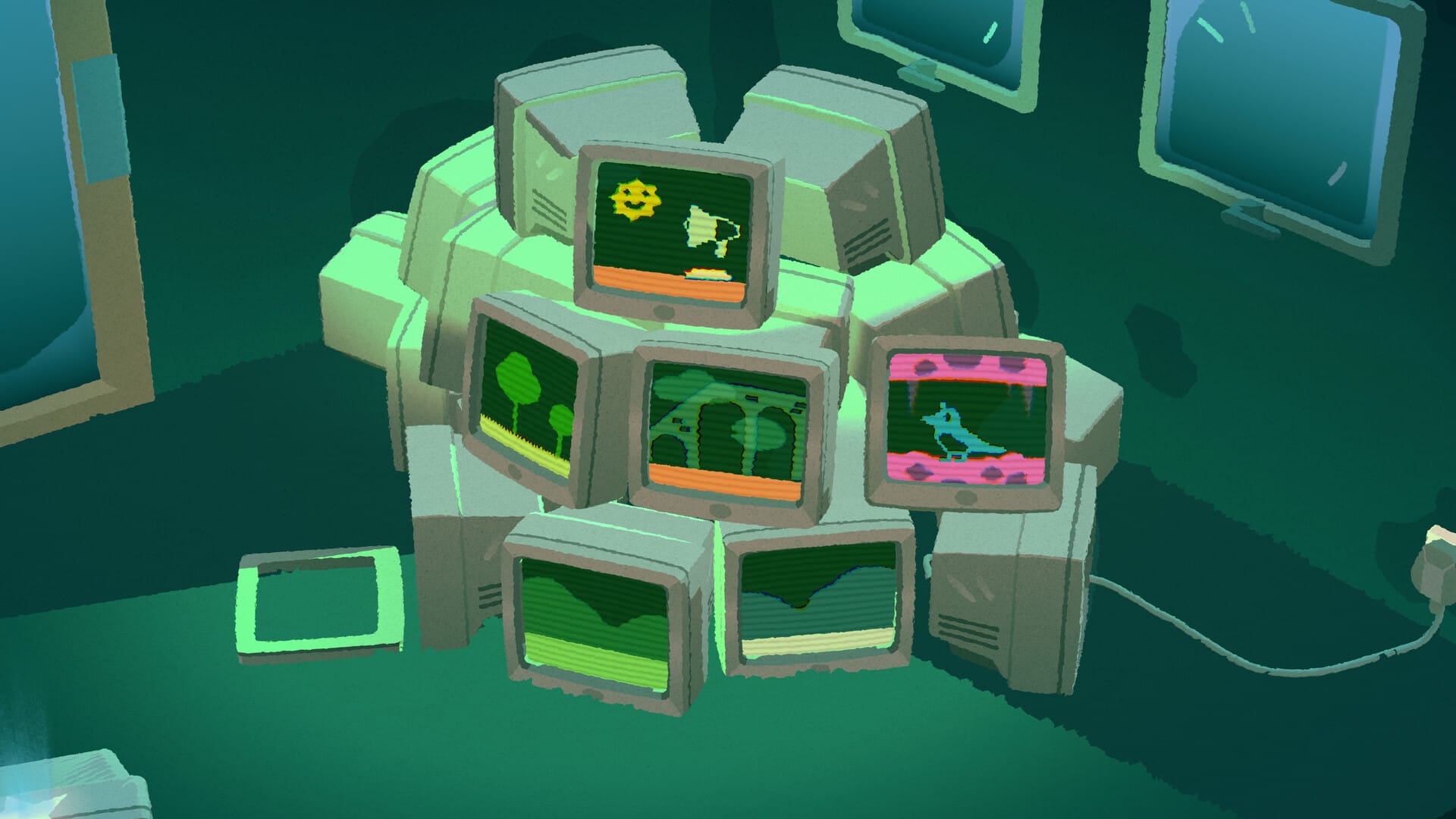 Screenshot of a pile of CRT screens, with a magpie on one and a loudhailer on another
