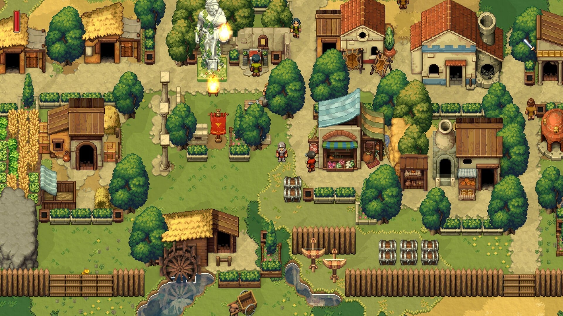 Pixel art houses of stone and wood in a green field with trees dotted around.