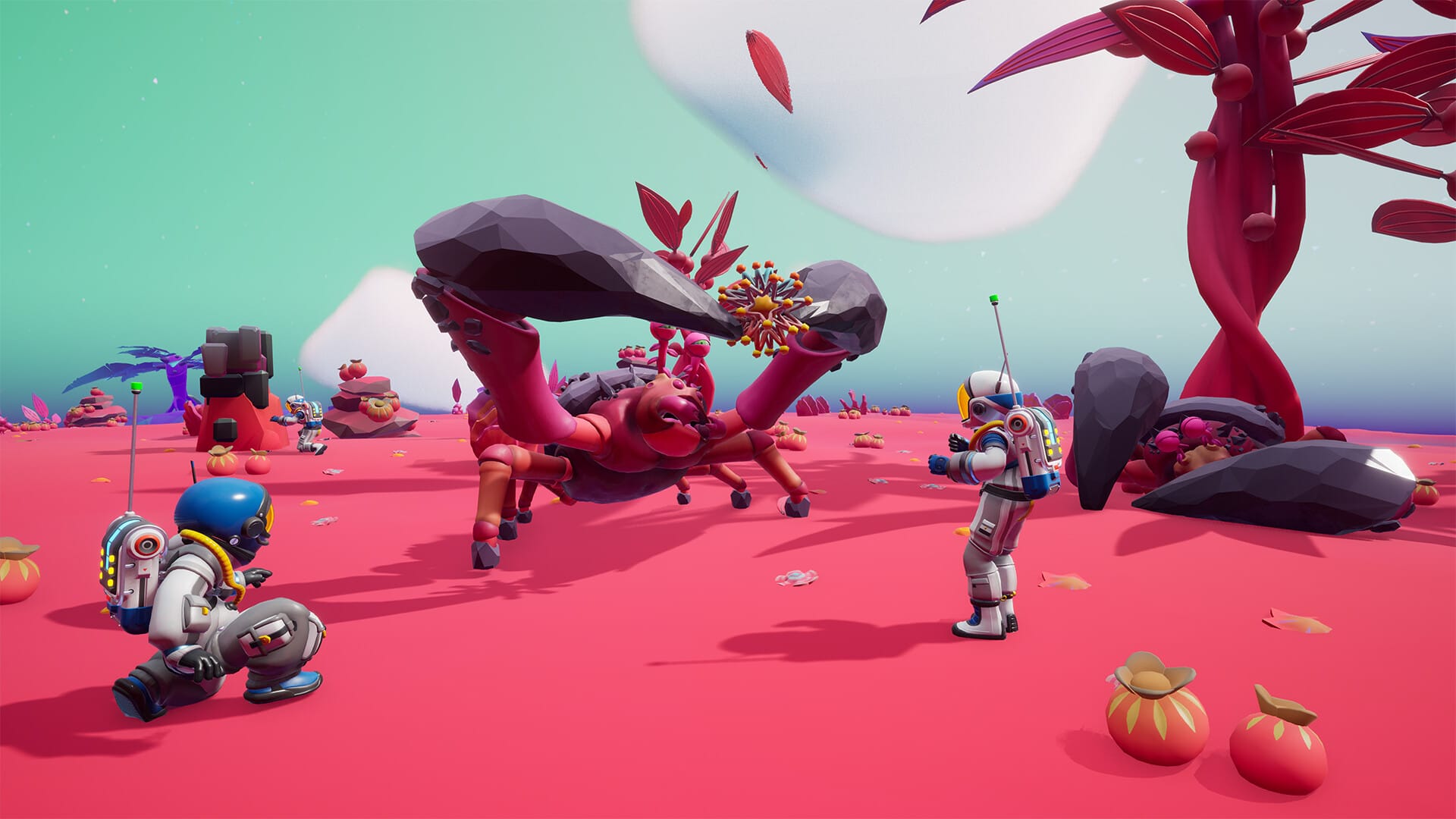 A big alien crab holds something while two astronauts stand idly by on a pinkish planets.