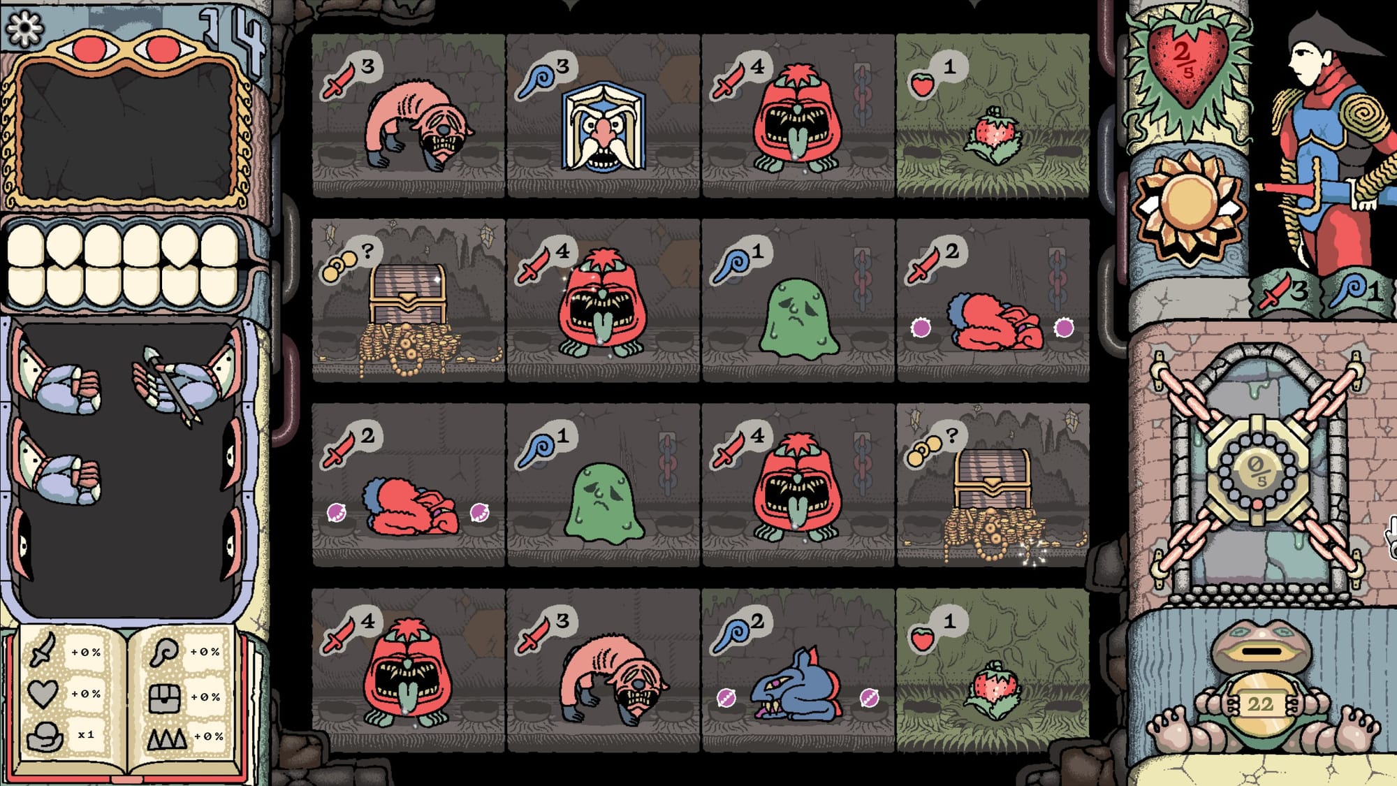 An intricately hand-drawn 4x4 grid showing colourful blob-like characters of red, blue and green.