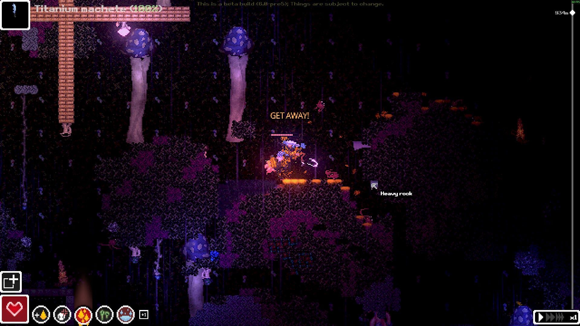 A 2D platformer pixel art world. It is dark and has strange mushrooms. "Get away!" is written in the middle of the screen.