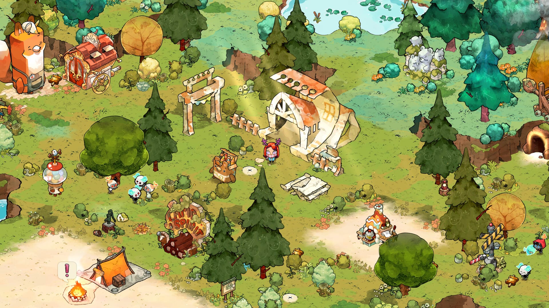 A cute, 2D world, viewed from above, showing a girl surrounded by trees, animals, a tent, a campfire.
