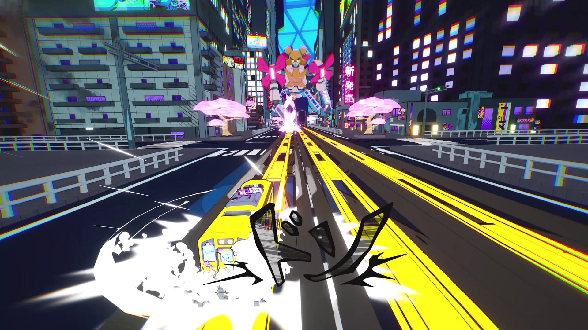 A train rockets down a city street towards a femme mech.