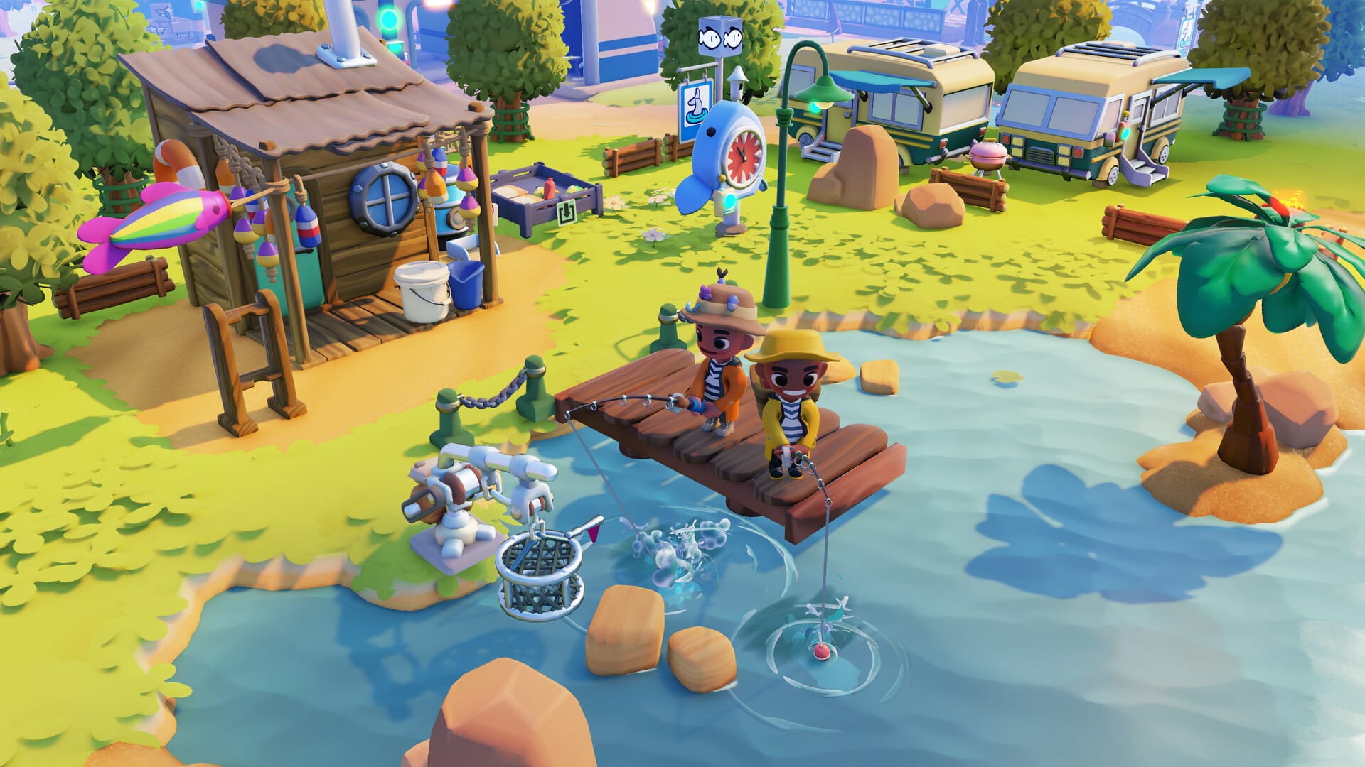 Two cute characters fish in a pond surrounded by grass and palm trees.