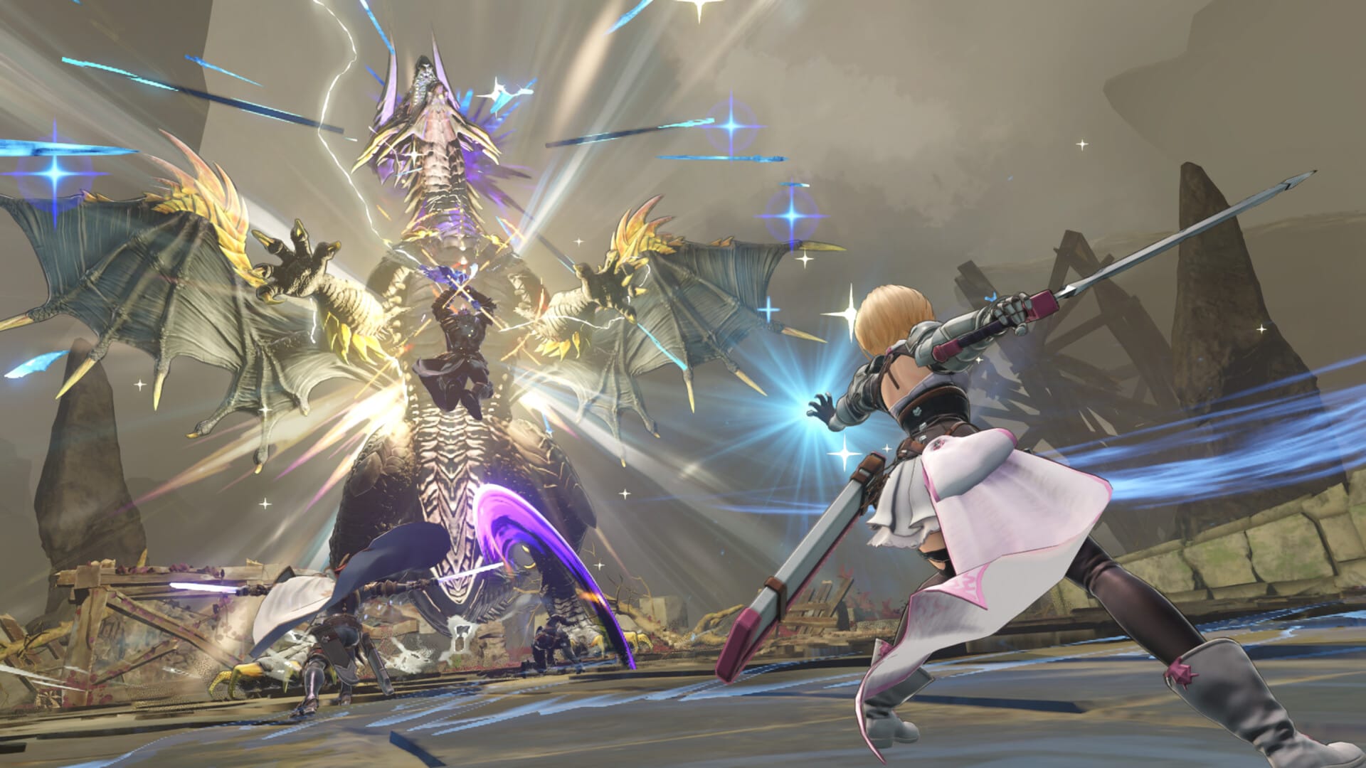 A lady with a sword strikes a cool pose while in front of her a purple dragon does star jumps.