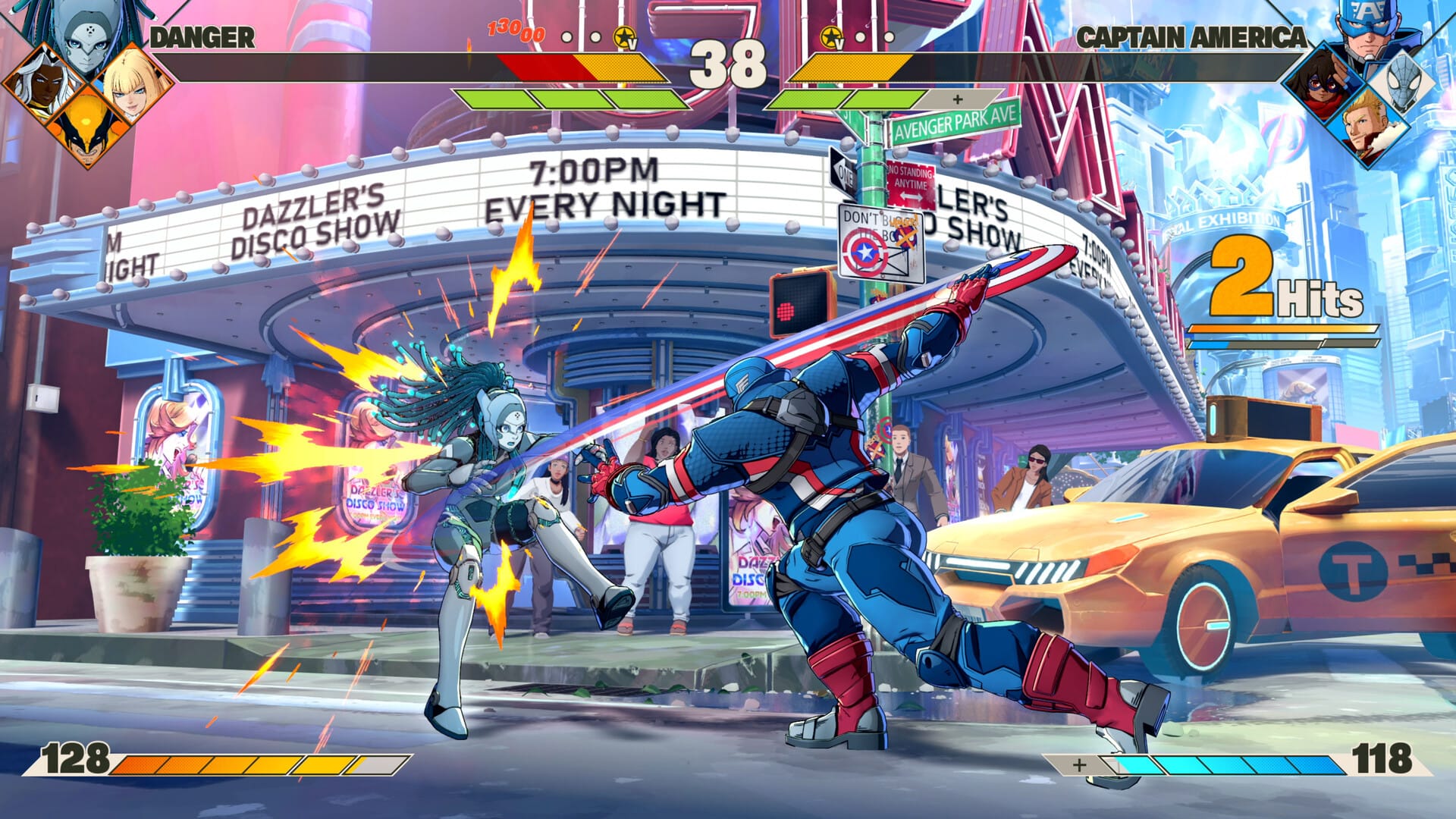Captain America bishes Danger with his shield against the backdrop of a cinema marquee.