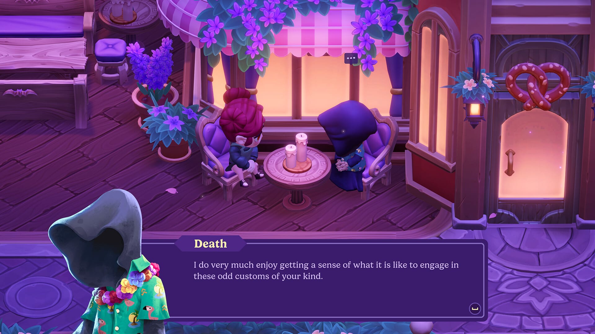 "I do very much enjoy getting a sense of what it is like to engage in these odd customs of your kind," says Death, to a vampire.