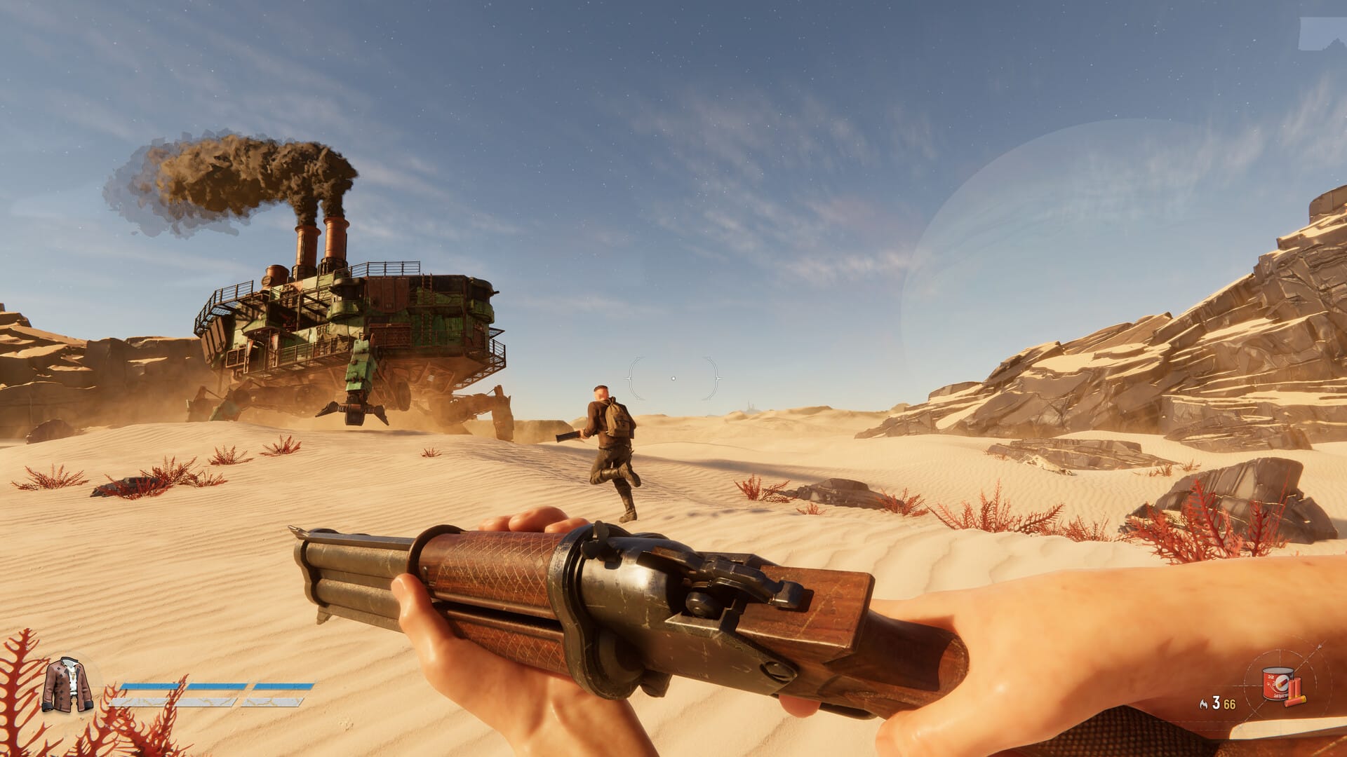 An old-timey shotgun held in first-person atop desert sands, as two players run towards a smoking four-legged mech ship.
