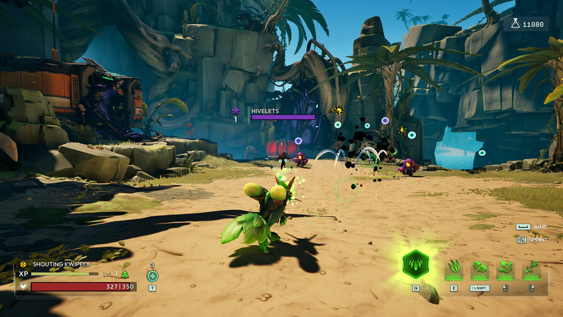 Some sort of plant guy is using abilities in third-person on a sandy planet against distant purple enemies.