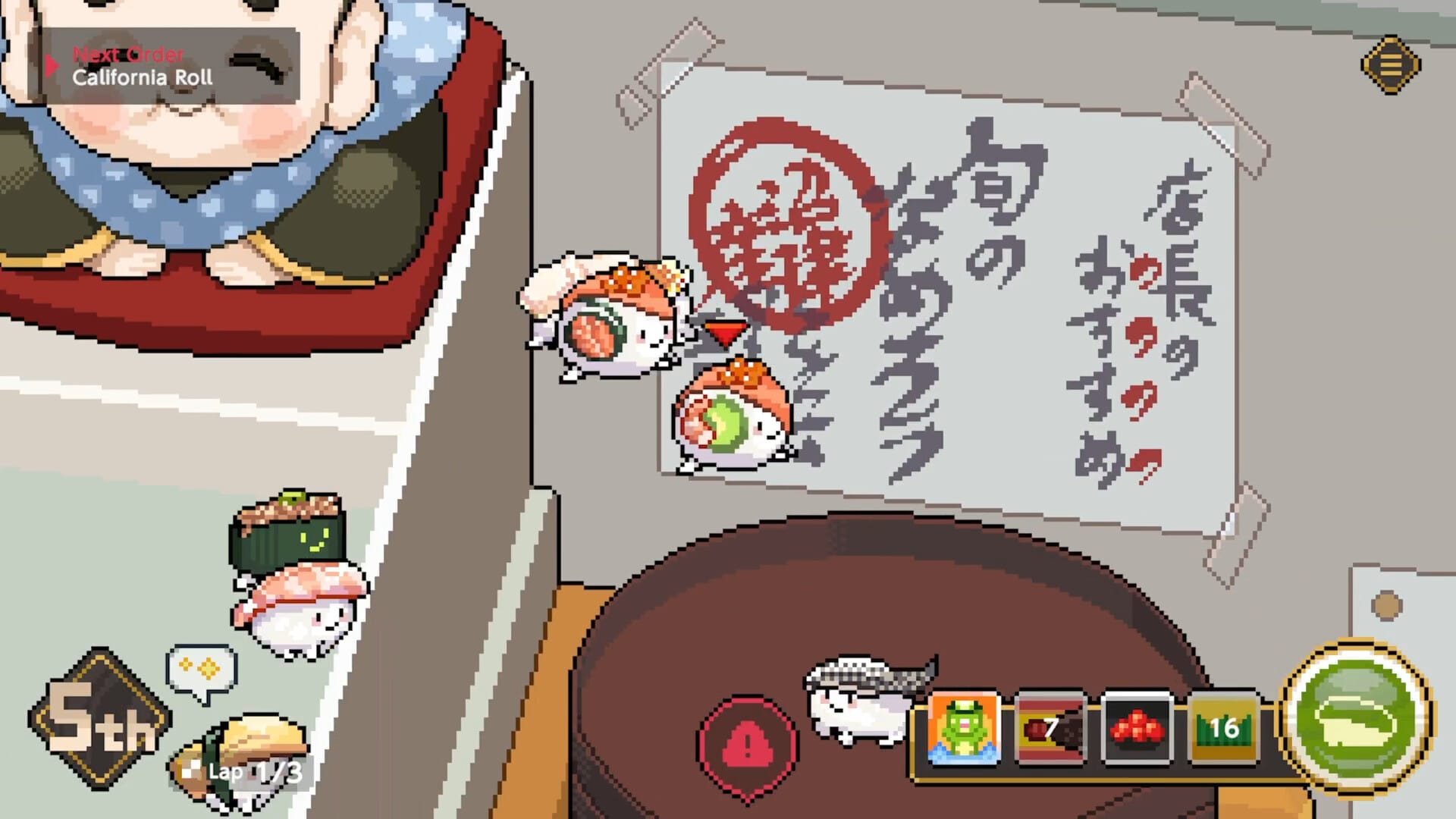 Sushi with legs run across countertops in a restaurant.