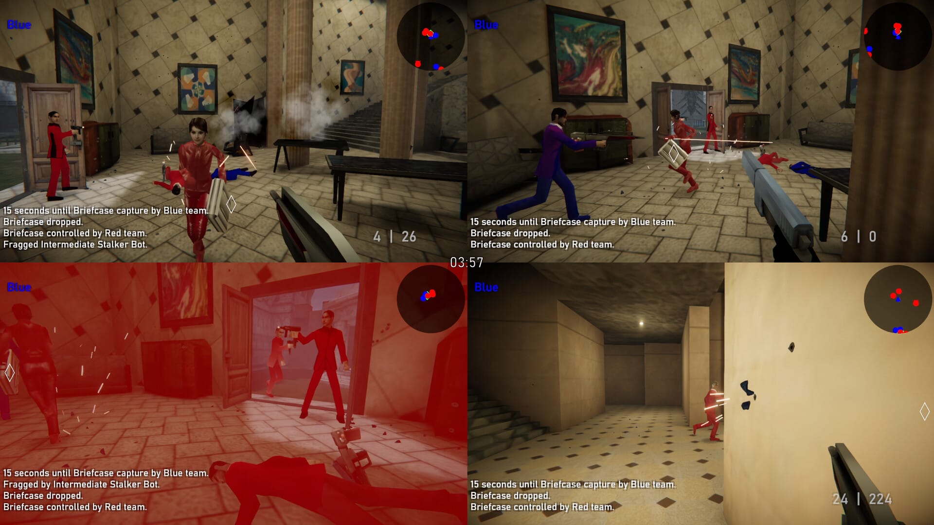 Splitscreen multiplayer in blocky, square rooms with repeating wall and floor textures.