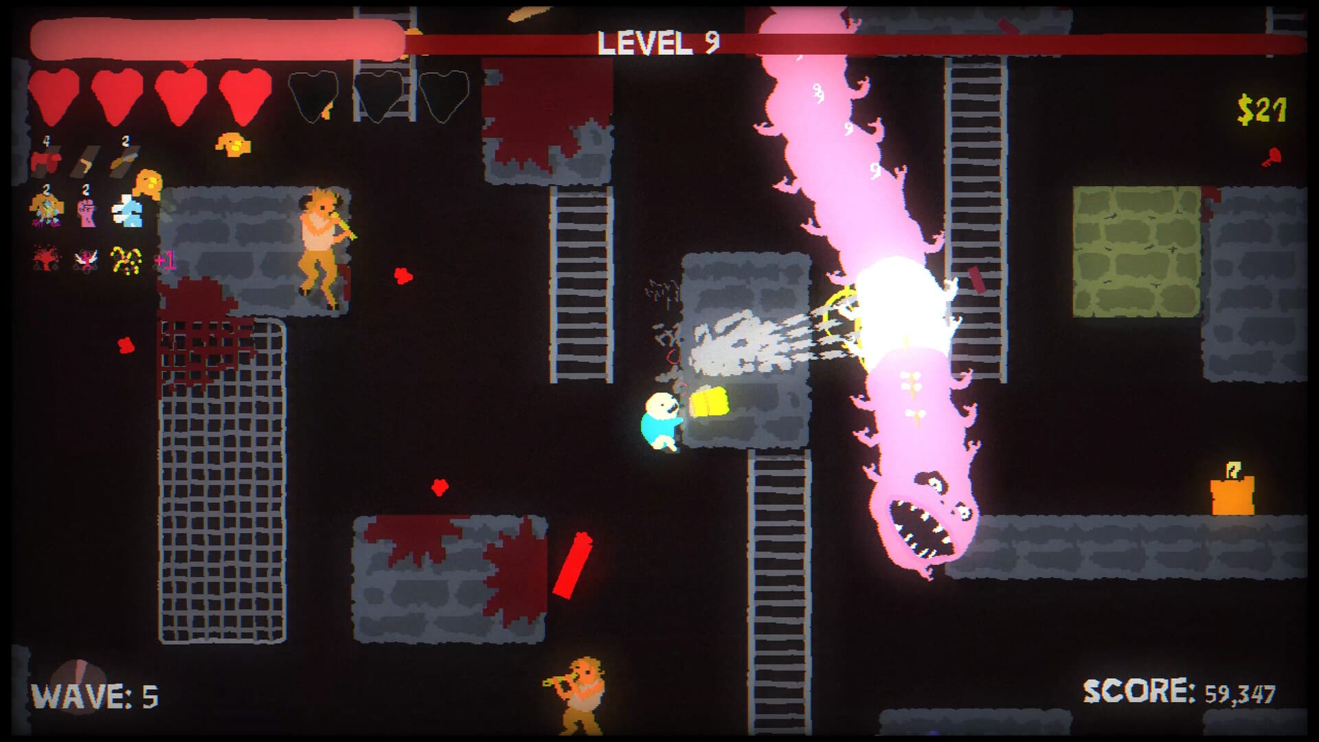 A big wyrm, some satyrs, and a lil guy clinging to a wall as he shoots the wyrm.