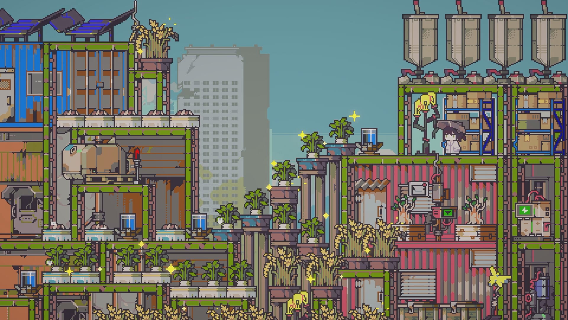 Several platforms, viewed from the side in 2D, covered in plants. The character wears a white coat and welding mask.