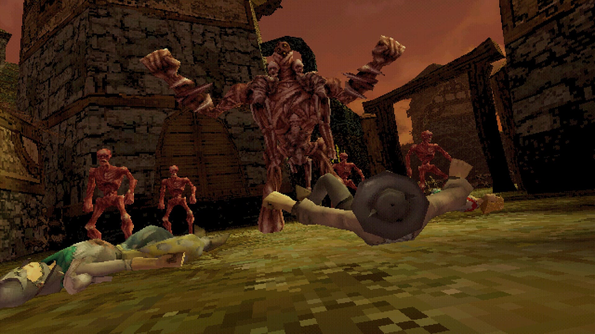 A big meat man with lots of faces embedded in him raises his arms in the air.