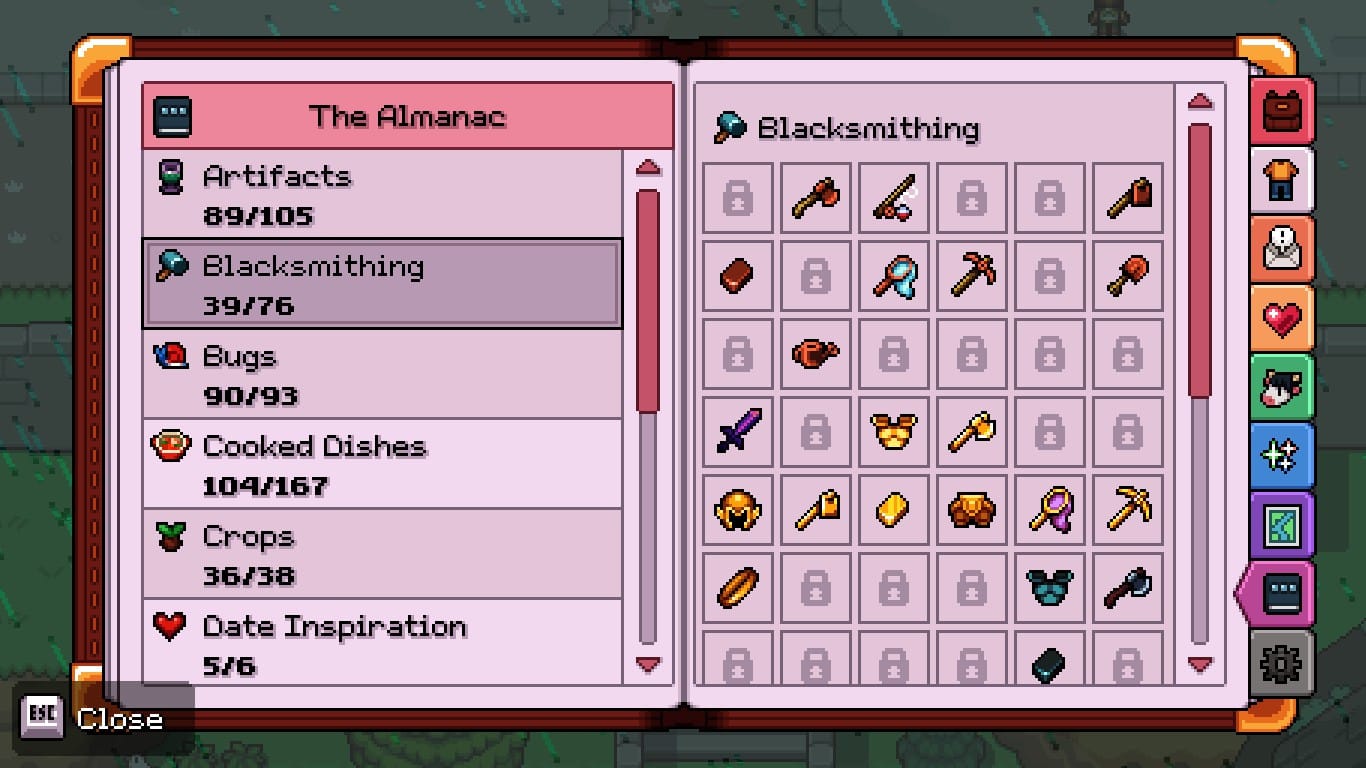 A UI page showing an almanac of items unlocked via blacksmithing.