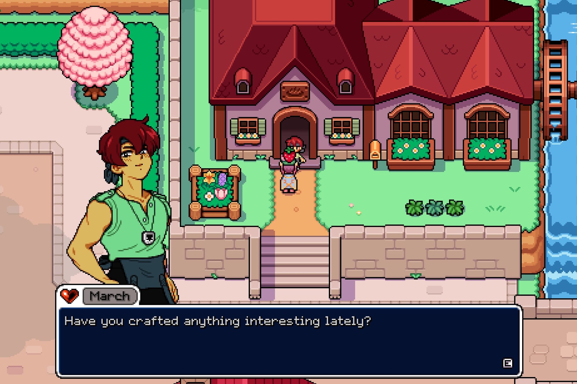 March says, "Have you crafted anything interesting lately?" The player is holding a strawberry over their head.