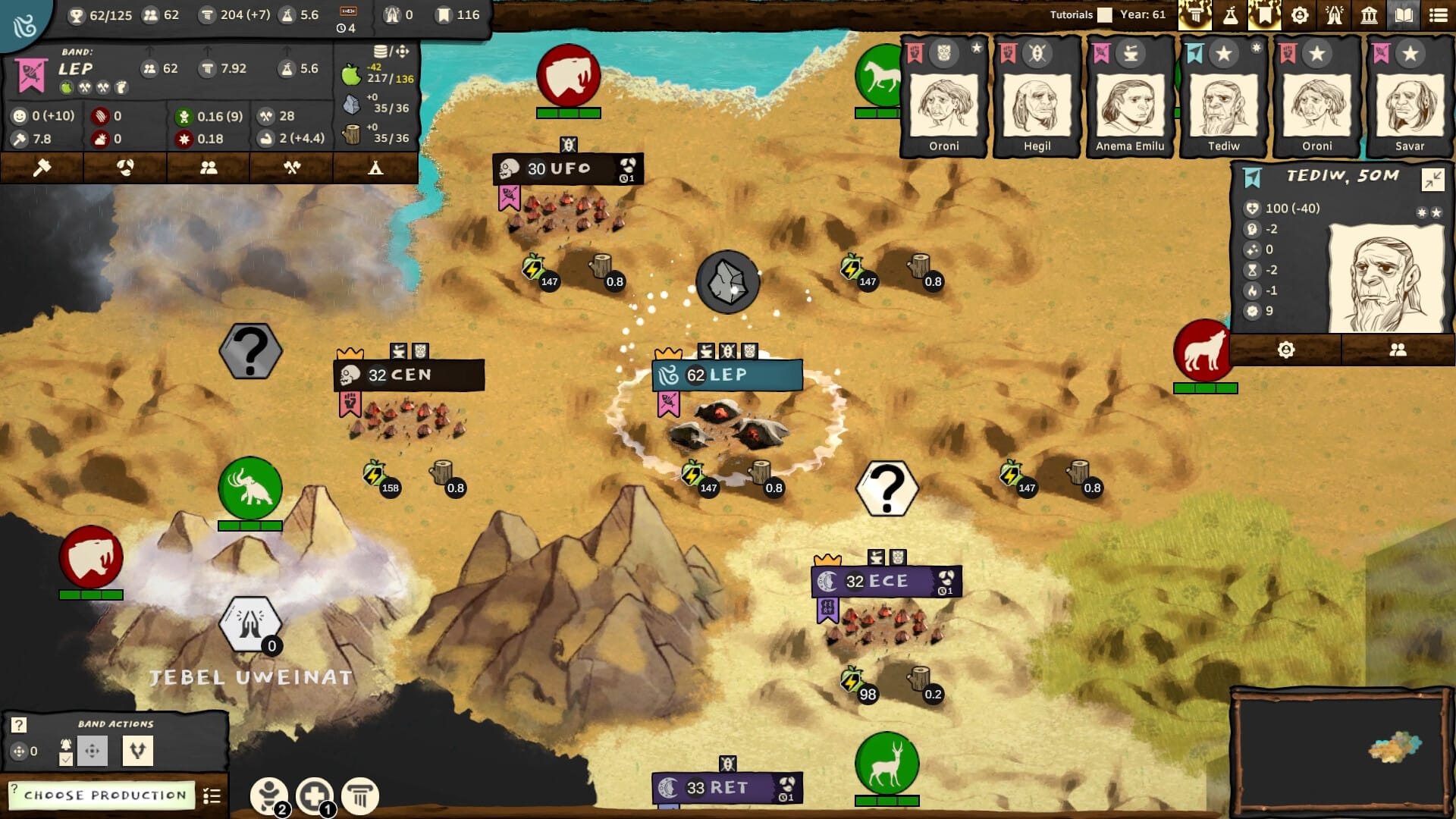A close view of some hexy settlements and dense UI amid a sandy environment.