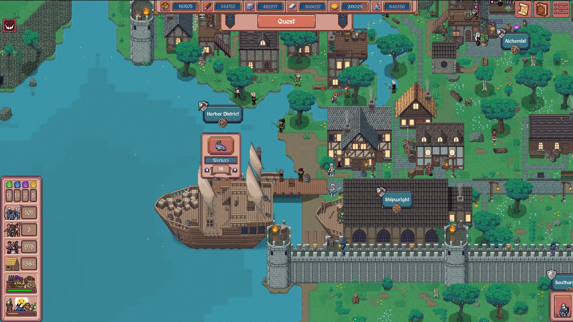 A galley ship in port in a pixel art world of medieval buildings and trees and grass.