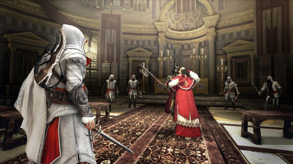 A guard holds a priest captive in the middle of a large church, while five Assassins encircle him