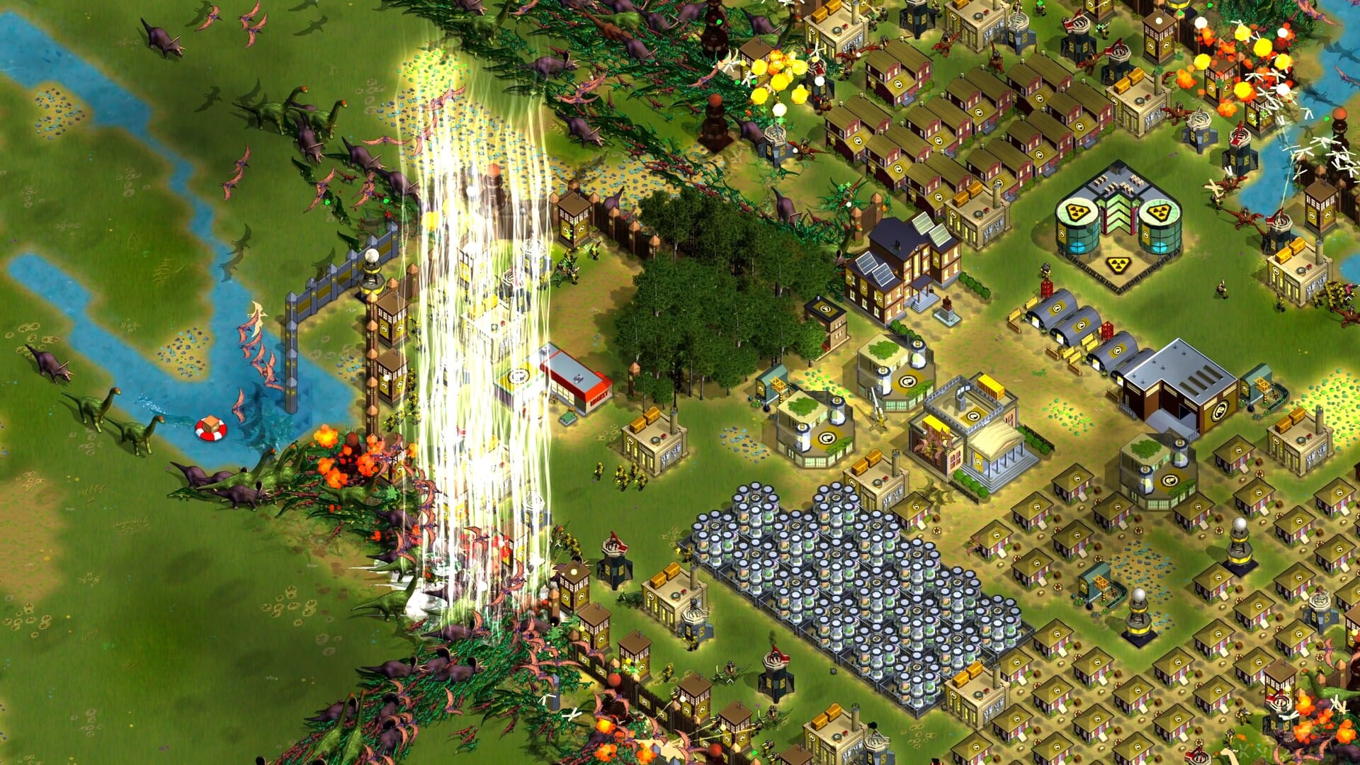 An isometric perspective on an RTS base with a swarm of dinosaurs battling nearby.